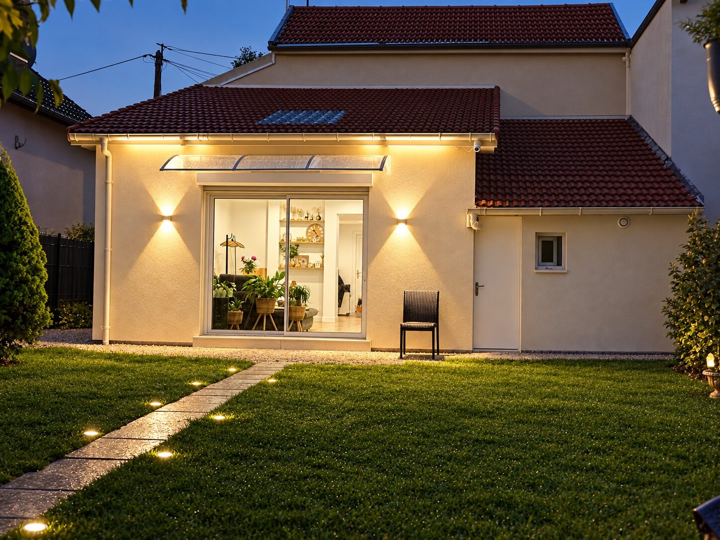 Façade en ambiance nocturne — visualisation retouchée, finition simulée.